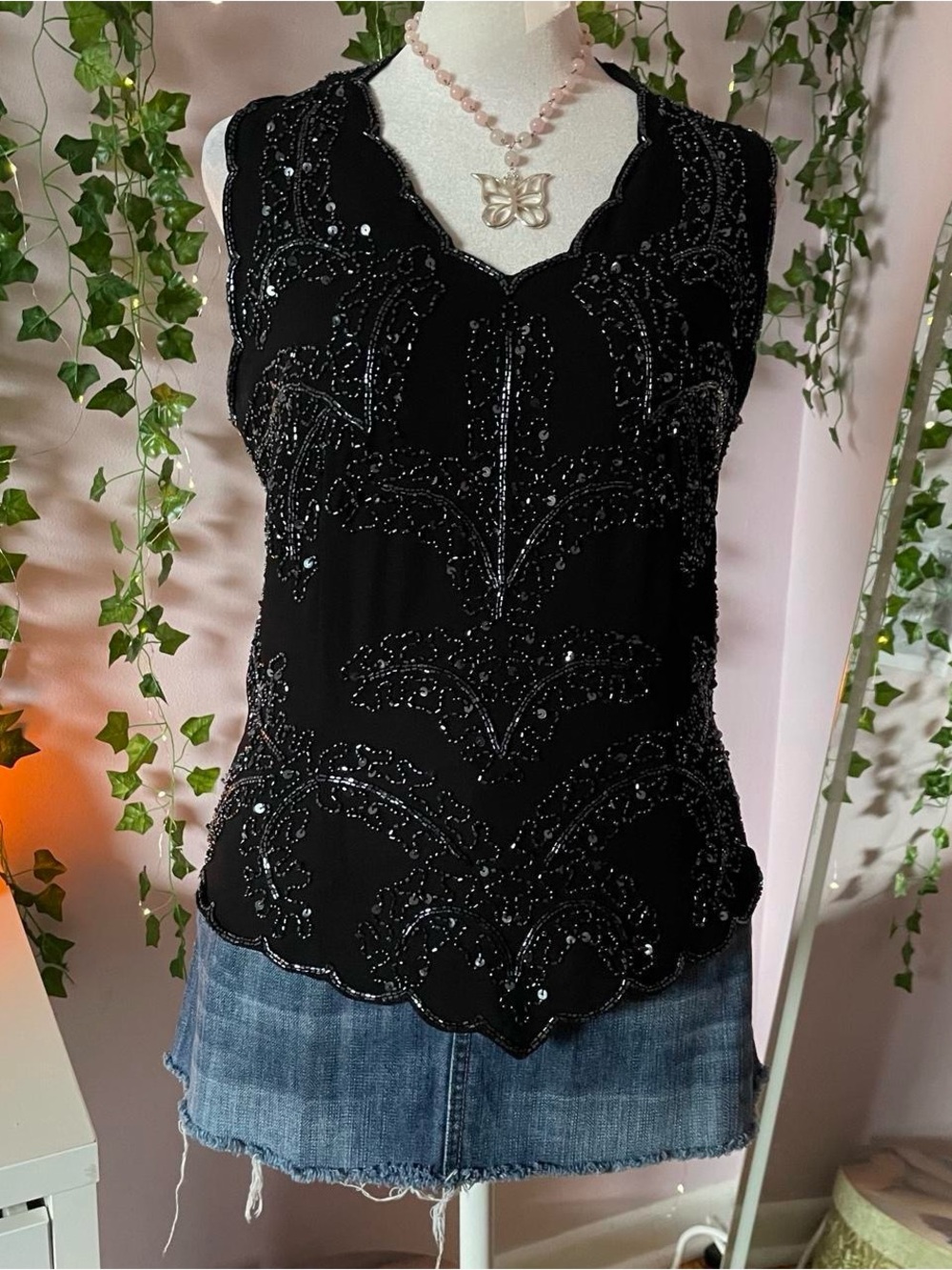Beaded Black Sleeveless Evening Top